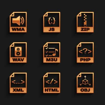 Set M3U file document, HTML, OBJ, PHP, XML and WAV icon. Vector イラスト素材