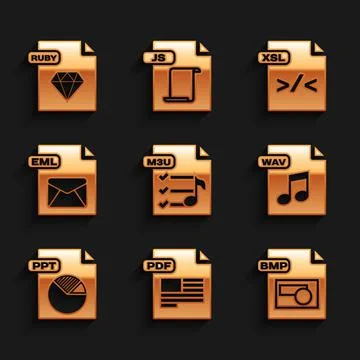 Set M3U file document, PDF, BMP, WAV, PPT, EML, XSL and RUBY icon. Vector Illustrazione stock