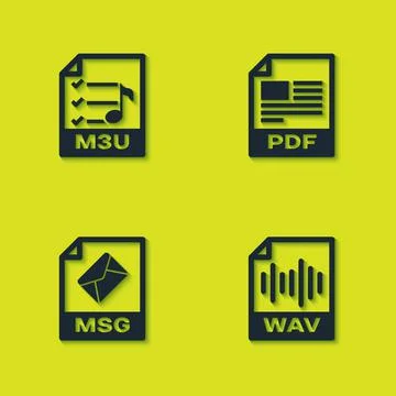 Set M3U file document, WAV, MSG and PDF icon. Vector 스톡 일러스트