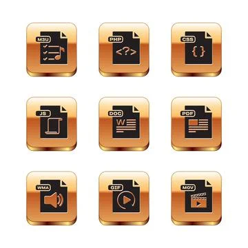 Set M3U file document, WMA, GIF, DOC, JS, CSS, MOV and PHP icon. Vector Illustrazione stock