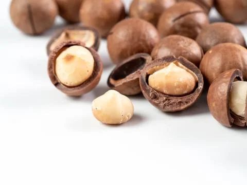 Set macadamia nuts isolated Stock Photos