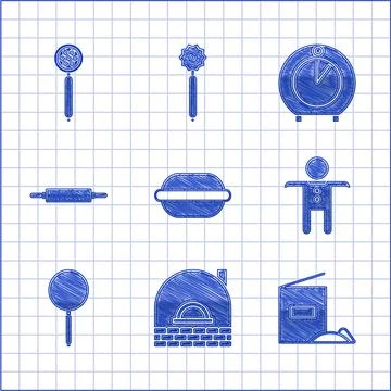 Set Macaron cookie, Brick stove, Flour pack, Holiday gingerbread man, Frying pan Illustration