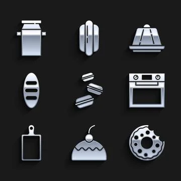 Set Macaron cookie, Cake, Donut, Oven, Cutting board, Bread loaf, Pudding Illustrazione stock