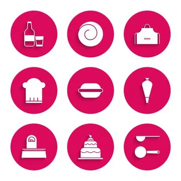 Set Macaron cookie, Cake, Measuring spoon, Pastry bag for decorate cakes, Scales Illustrazione stock