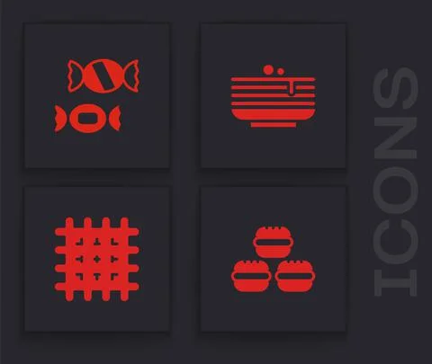 Set Macaron cookie, Candy, Stack of pancakes and Cracker biscuit icon. Vector Stock Illustration