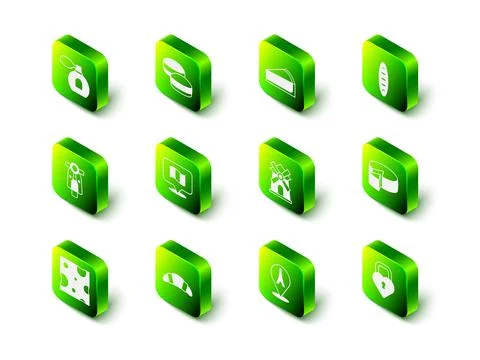 Set Macaron cookie, Cherry cheesecake slice, French baguette bread, Cheese, C Stock Illustration