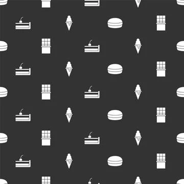 Set Macaron cookie, Chocolate bar, Cherry cheesecake and Ice cream in waffle  Illustrazione stock