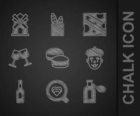 Set Macaron cookie, Coffee cup, Perfume, French mime, Champagne bottle, Wine Ilustração Stock