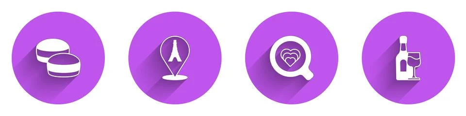 Set Macaron cookie, Eiffel tower, Coffee cup and Wine bottle with glass icon Stock Illustration