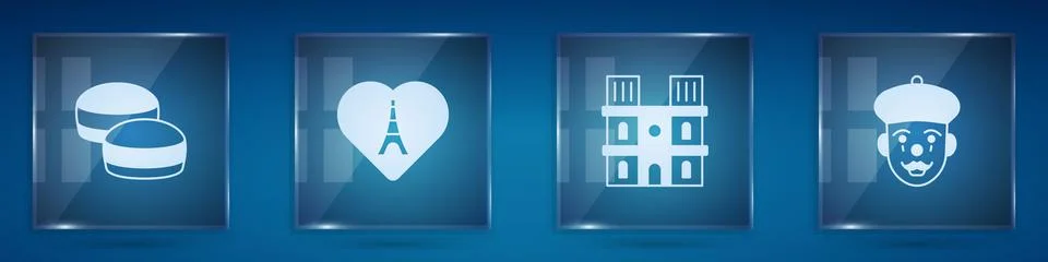 Set Macaron cookie, Eiffel tower with heart, Notre Dame de Paris and French mime Stock Illustration