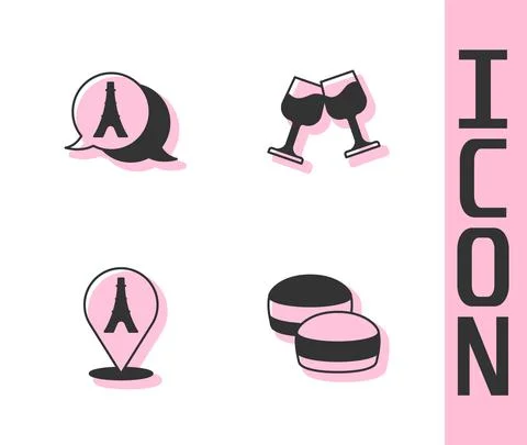 Set Macaron cookie, Eiffel tower, and Wine glass icon. Vector 스톡 일러스트
