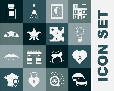 Set Macaron cookie, Eiffel tower with heart, Hot air balloon, Portrait picture Stock Illustration