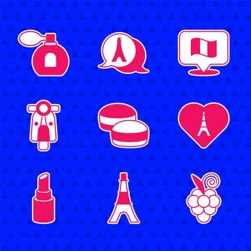 Set Macaron cookie, Eiffel tower, Grape fruit, with heart, Lipstick, Scooter Stock Illustration