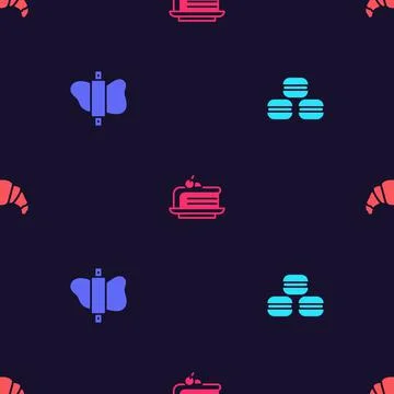 Set Macaron cookie, Rolling pin dough, Piece of cake and Croissant on seamless イラスト素材