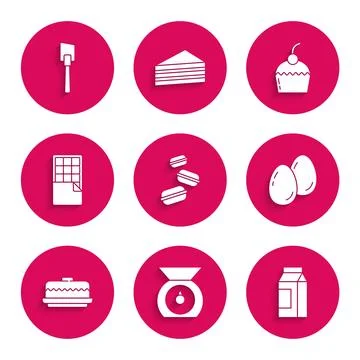 Set Macaron cookie, Scales, Paper package for milk, Easter eggs, Cake, Chocolate Stock Illustration