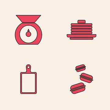 Set Macaron cookie, Scales, Stack of pancakes and Cutting board icon. Vector Stock Illustration