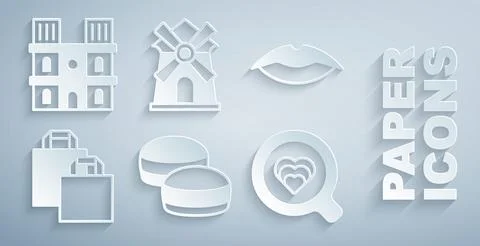 Set Macaron cookie, Smiling lips, Paper shopping bag, Coffee cup, Windmill and Stock Illustration