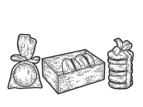 Set, macaron dessert in the package. Sketch scratch board imitation. Stock Illustration