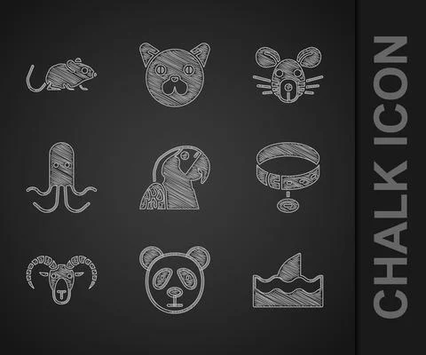Set Macaw parrot, Cute panda face, Shark fin in ocean wave, Collar with name tag Stock Illustration