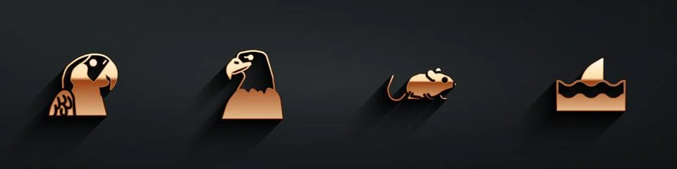 Set Macaw parrot, Eagle head, Rat and Shark fin in ocean wave icon with long Illustrazione stock