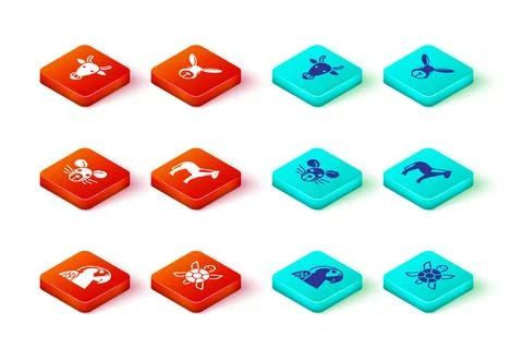 Set Macaw parrot, Turtle, Rat head, Horse, Rabbit and Cow icon. Vector Stock Illustration