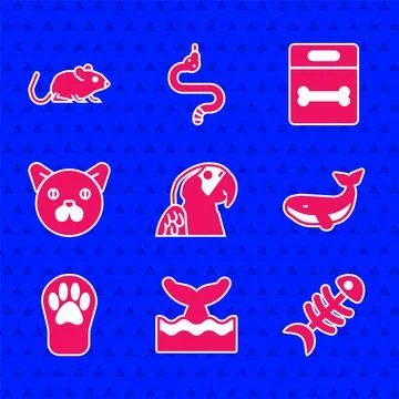Set Macaw parrot, Whale tail in ocean wave, Fish skeleton, Paw print, Cat, Dog Stock Illustration