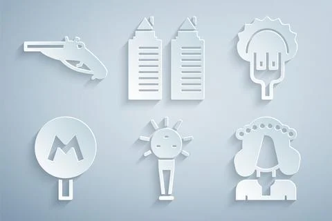 Set Mace, Dumplings on fork, Metro Underground, Ukrainian woman, Two towers.. Stock Illustration