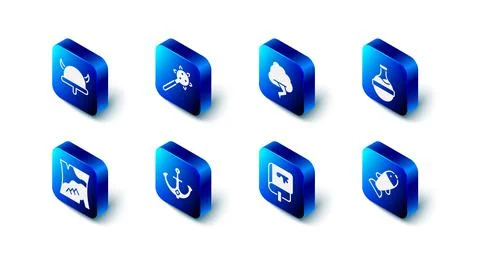 Set Mace with spikes, Cloud and lightning, Bottle potion, Fish, Viking book Stock Illustration