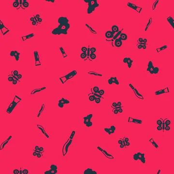 Set Machete, Map of Africa, Flashlight and Butterfly on seamless pattern. Vector Illustrazione stock