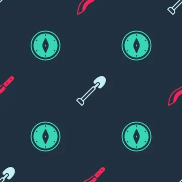 Set Machete, Shovel and Compass on seamless pattern. Vector 스톡 일러스트