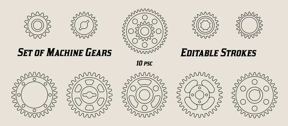 Set of machine gears with editable strokes. Simple shapes in line art style. Stock Illustration