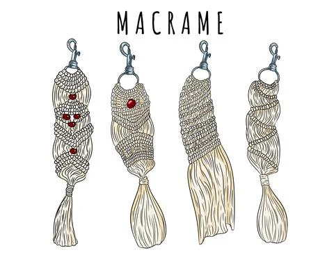 Set of macrame boho style keychains. Collection of textile knotting design ch イラスト素材