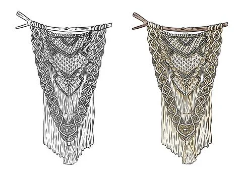 Set of macrame boho style labels. Textile knotting design elements. Simple mo Stock Illustration