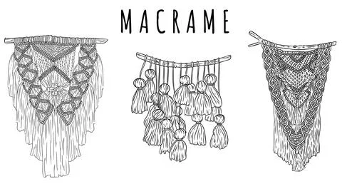 Set of macrame boho style wall hangers doodle sketches. Collection of textile イラスト素材