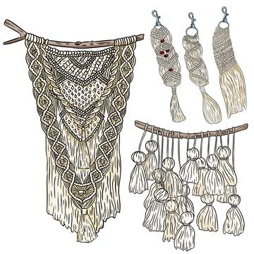 Set of macrame boho style wall hangers and keychains doodle sketches. Collect イラスト素材