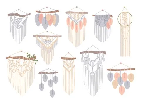 Set of macrame wall hangings. Boho style cord wall decor. Handmade knitted Stock Illustration