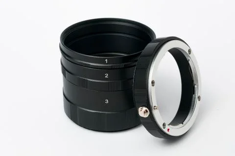 Set of macro extension tubes and adapter ring Stock Photos