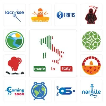 Set of made in italy, nargile, operating system, earth hour, coming soon, bri Illustrazione stock gratuita