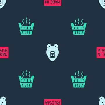Set Made in Russia, Bear head and Sauna bucket on seamless pattern. Vector Stock Illustration