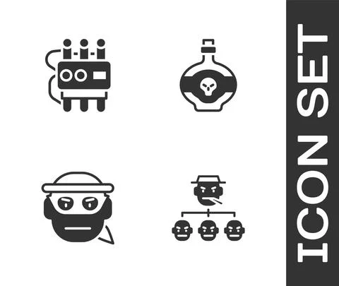 Set Mafia, Dynamite and timer clock, Bandit and Poison in bottle icon. Vector 스톡 일러스트