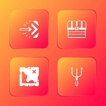 Set Magic arrow, Chest, Pirate treasure map and Neptune Trident icon. Vector Illustrazione stock