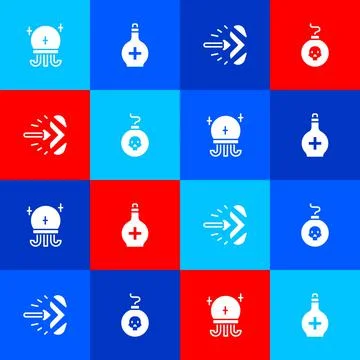 Set Magic ball, Bottle with potion, arrow and Bomb ready to explode icon. Vector Illustrazione stock