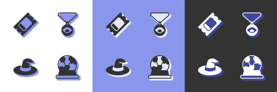 Set Magic ball, Circus ticket, Witch hat and Medallion on chain with eye icon Illustrazione stock