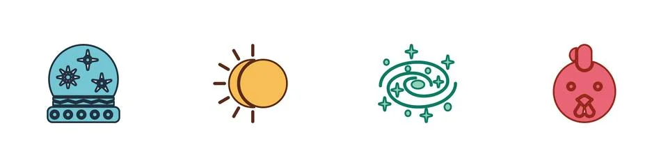 Set Magic ball, Eclipse of the sun, Milky way spiral galaxy and Rooster zodia 스톡 일러스트