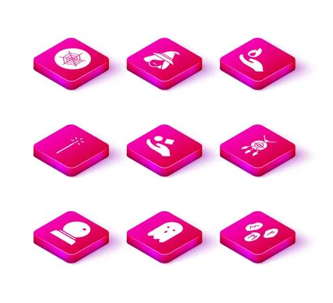 Set Magic ball, Ghost, wand, Cube levitating above hand, runes, Dream catcher Illustrazione stock