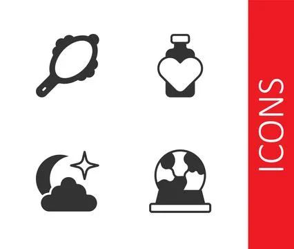 Set Magic ball, hand mirror, Moon stars and Bottle with love potion icon. Vector Illustration