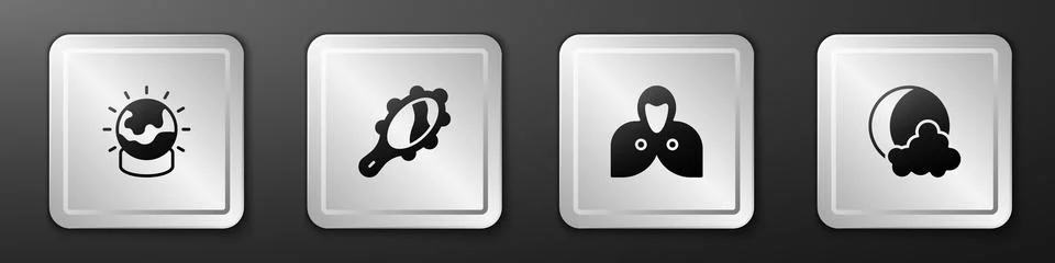 Set Magic ball, hand mirror, Mantle, cloak, cape and Moon stars icon. Silve.. Illustration