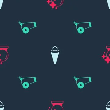 Set Magic ball, Ice cream in waffle cone and Cannon on seamless pattern. Vector Illustrazione stock