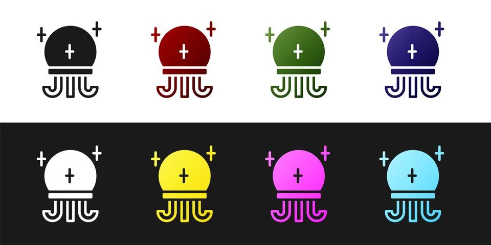 Set Magic ball icon isolated on black and white background. Crystal ball.  .. Stock Illustration