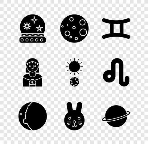 Set Magic ball, Moon, Gemini zodiac, Eclipse of the sun, Rabbit, Planet Saturn Stock Illustration